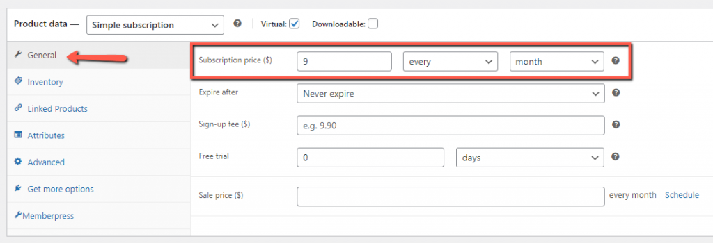 Subscription Settings WooCommerce Product