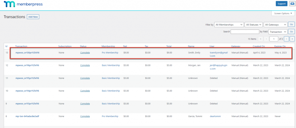 MemberPress Transactions